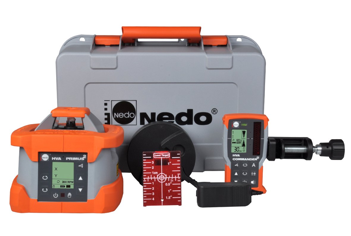 Primus_2HVA_Lieferumfang.jpg NEDO PRIMUS 2 HVA mit Commandor 2 – Rotationslaser horizontal & vertikal – Bild 1